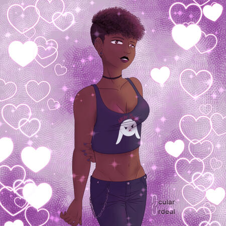 ID: A young black woman with short curly hair that’s shaved on the sides. She has 2 helix piercings, a lobe piercing, and a piercing just above her lip. She’s wearing a choker, a crop top with a graphic of a pouting bunny face with droopy ears and the word